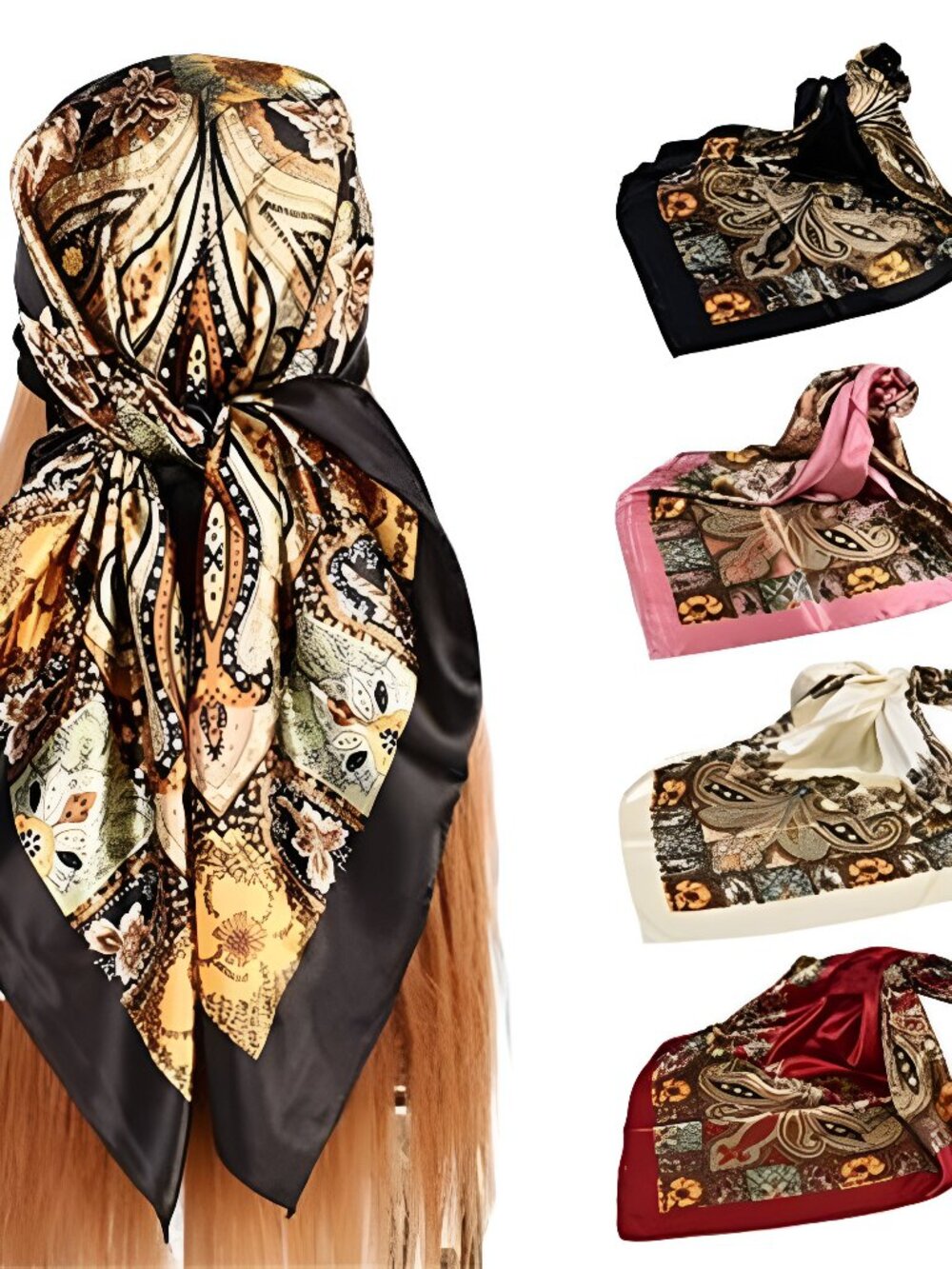 4Pcs Silk Head Scarves for Women Satin Hair Scarf 35”Large Square Bandana Silk